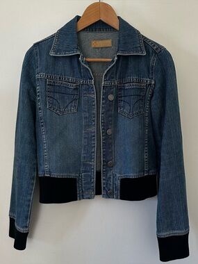 Vintage Denim Jacket with black ribbed waist and cuffs, size small